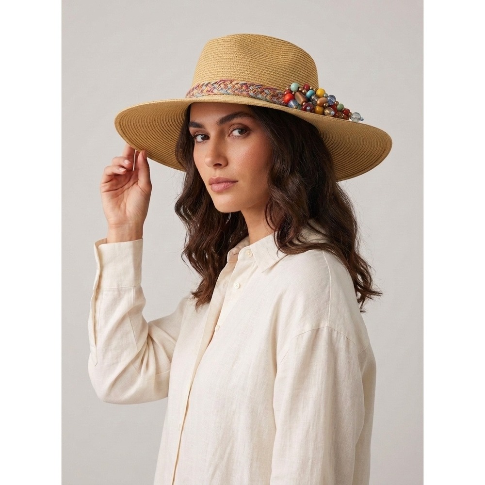 Cappelli Straworld Hat Tan Paper Braid Wide Brim Sun Beaded Tassel Boho CSW6-TAN